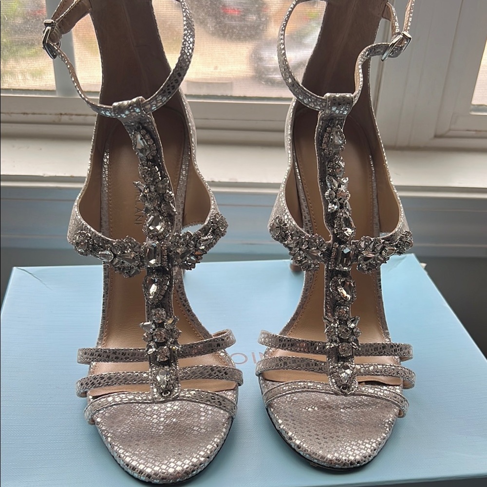Antonio Melani Silver Strappy Heels with Rhinestone Embellishments